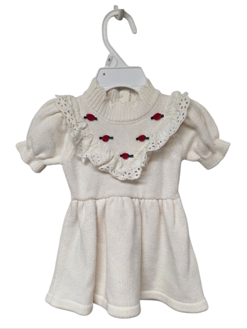 Janie and Jack Cream Knit Ruffle Baby Dress with Embroidered Roses